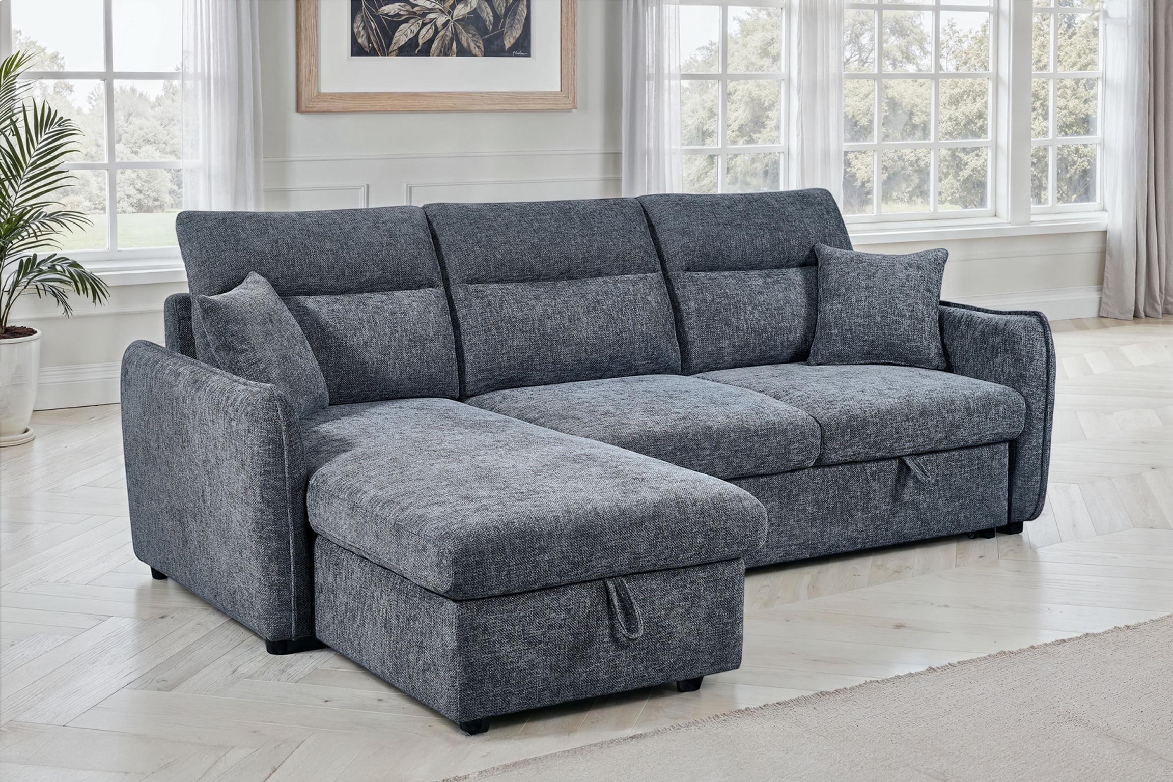 Pale Blue Chenille Fabric 1C2 Corner Sofabed with Storage ARCHIE