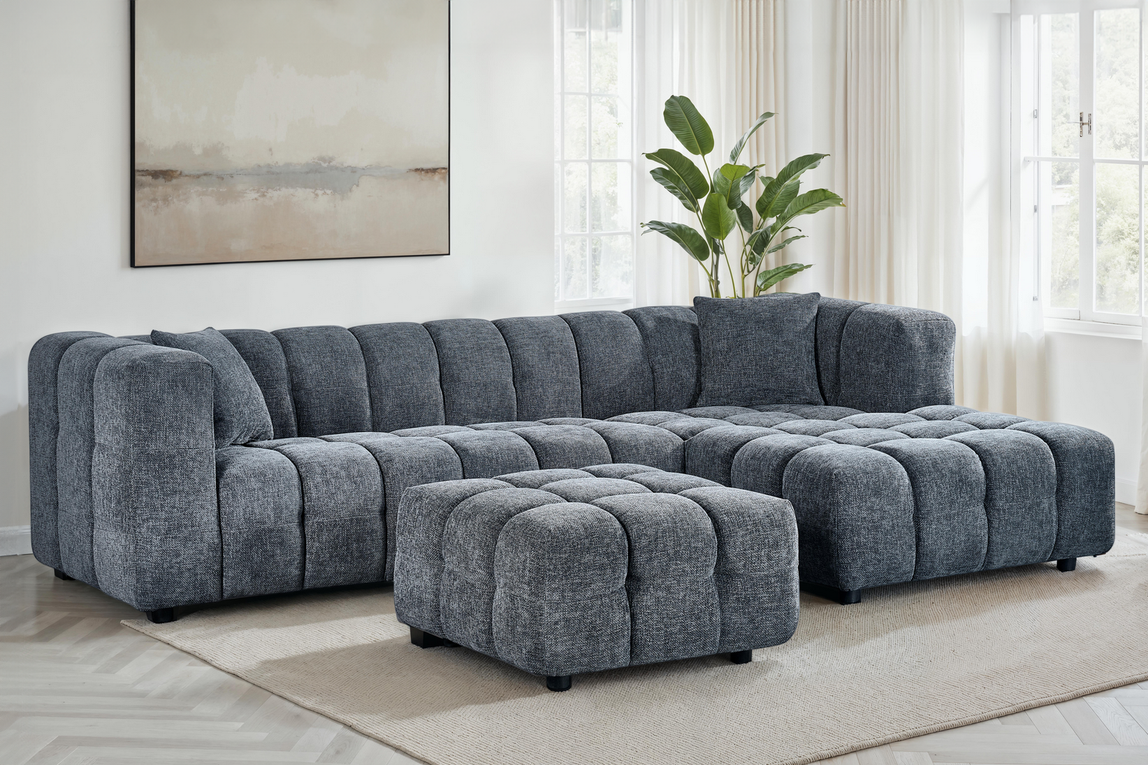 Pale Blue Chenille Fabric Right Hand Facing Corner Sofa with Ottoman LUGANO