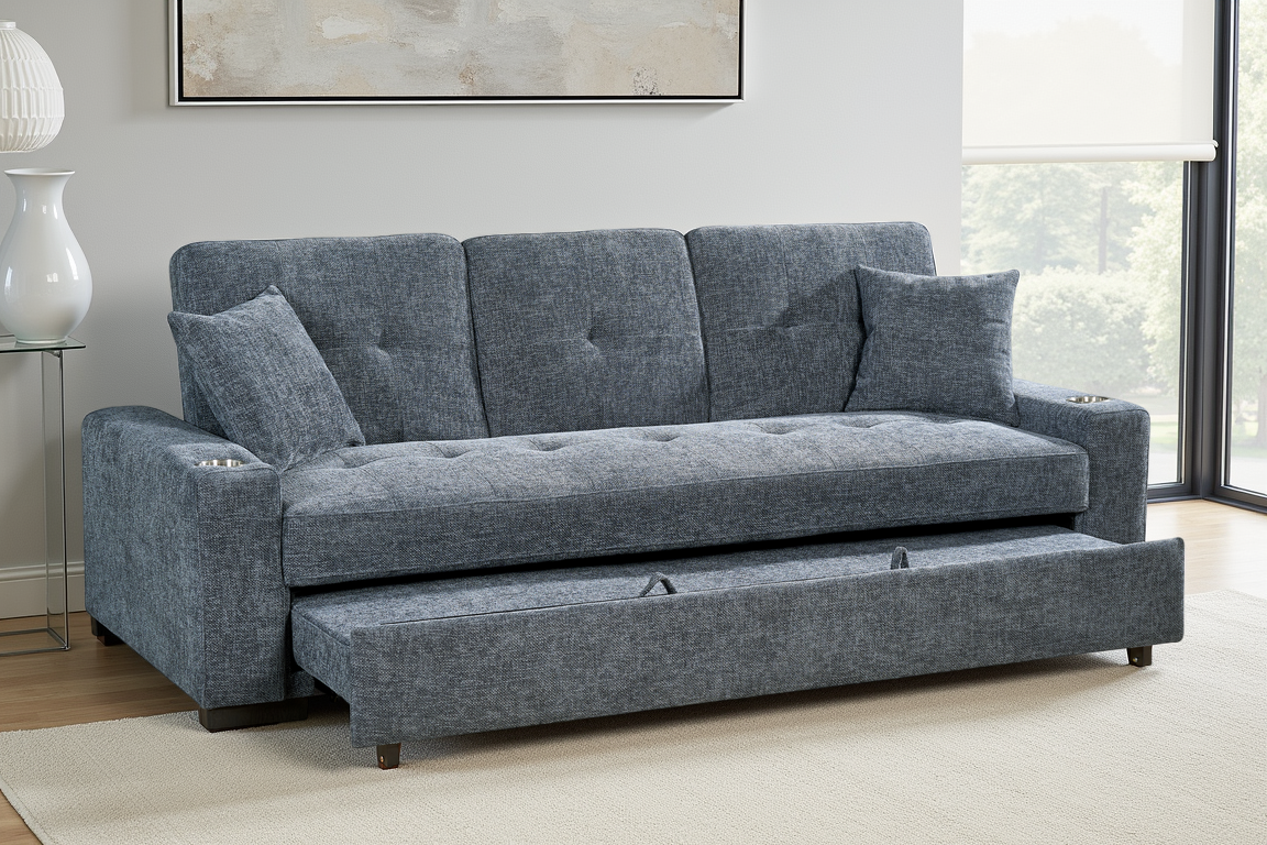 Pale Blue Chenille Fabric 3 Seater Sofabed CHARLES