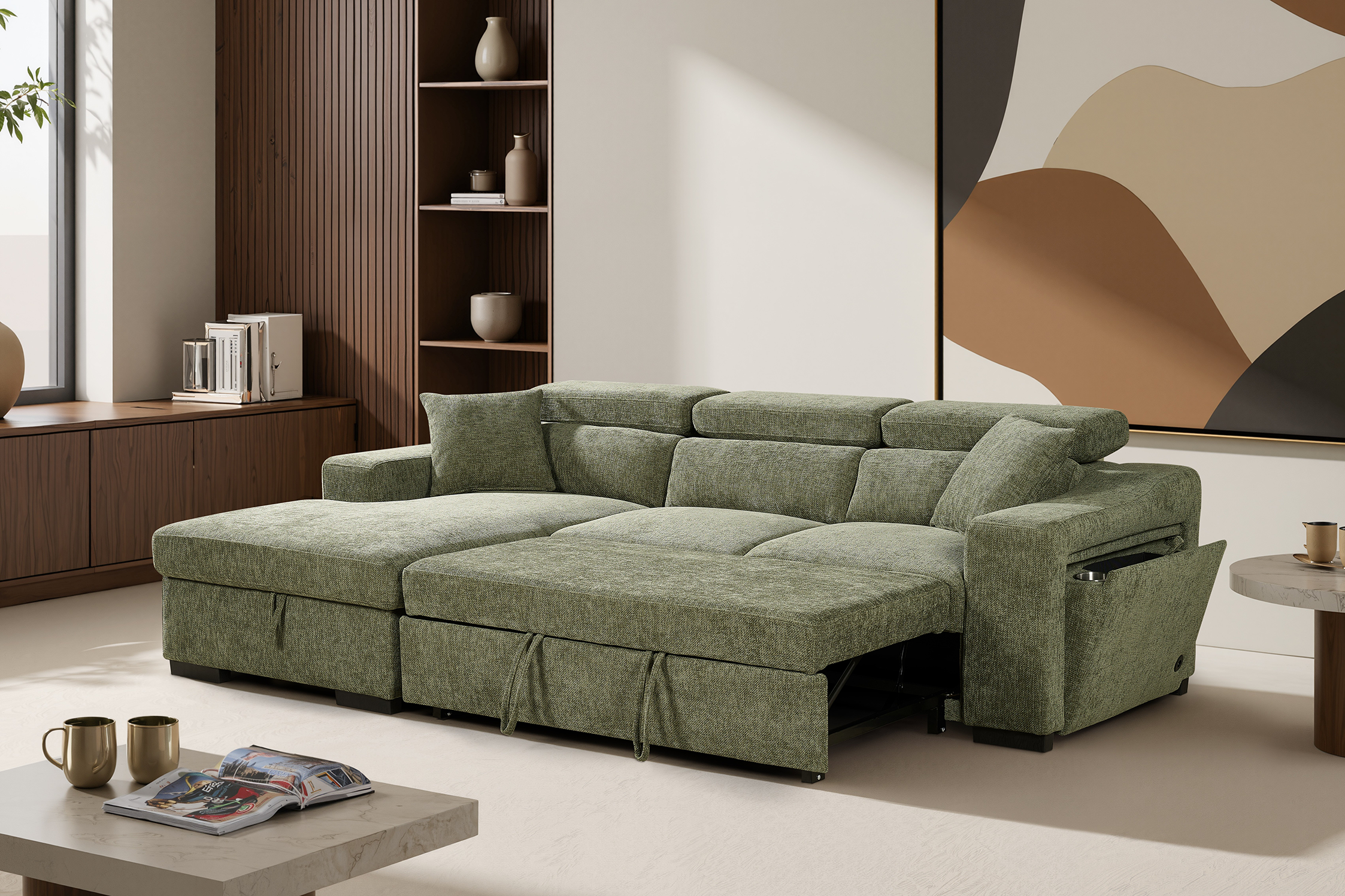 Green Chenille Fabric 1C2 Corner Sofabed with Storage ARTHUR