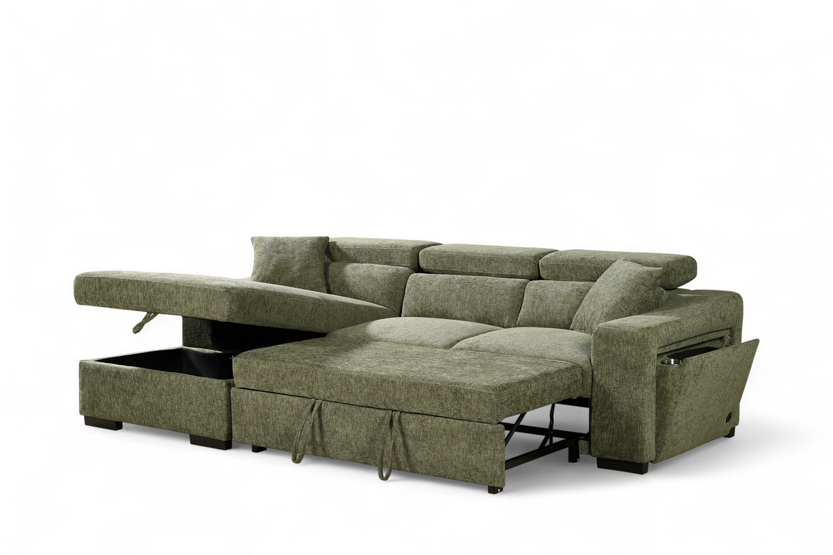 Green Chenille Fabric 1C2 Corner Sofabed with Storage ARTHUR