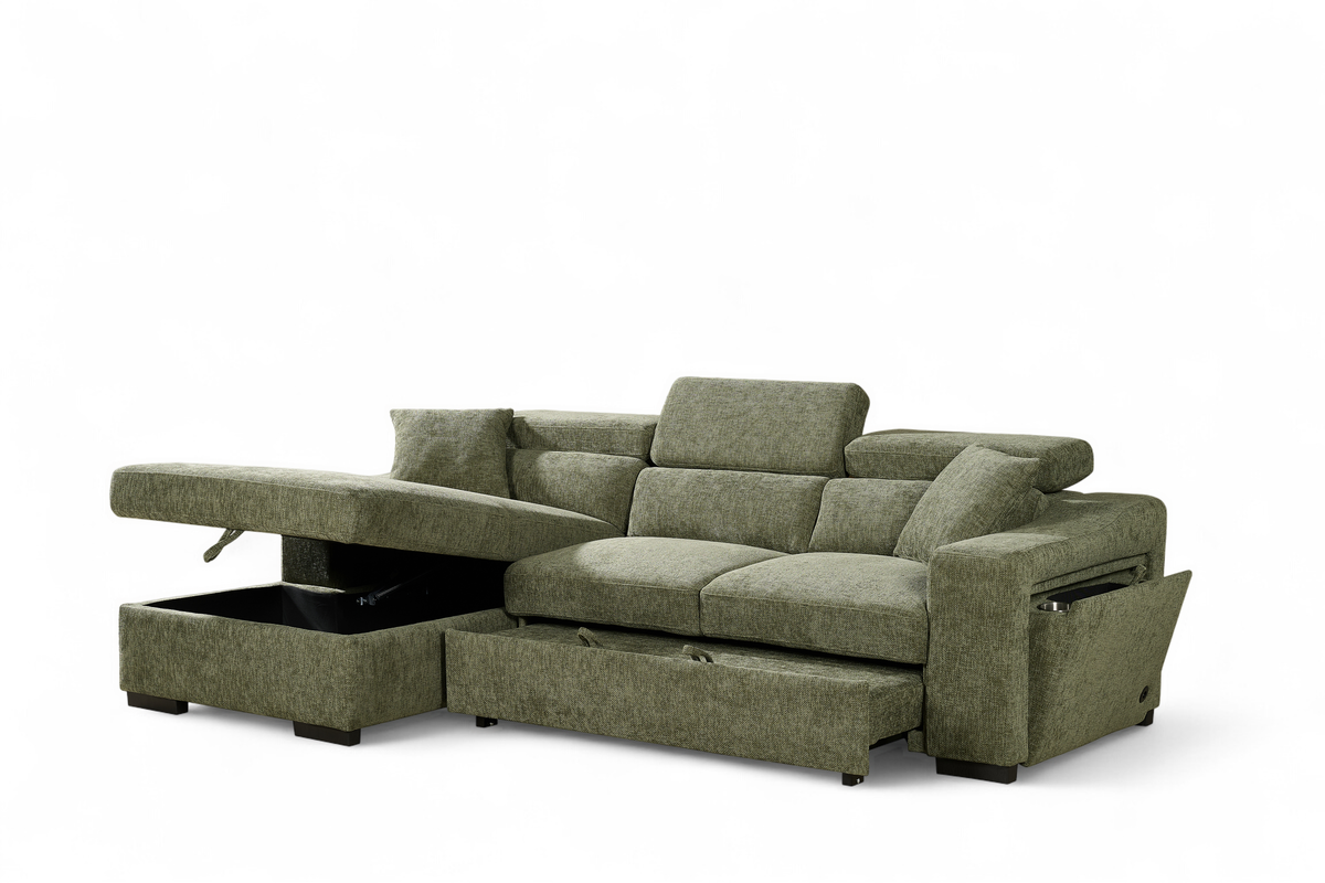Green Chenille Fabric 1C2 Corner Sofabed with Storage ARTHUR