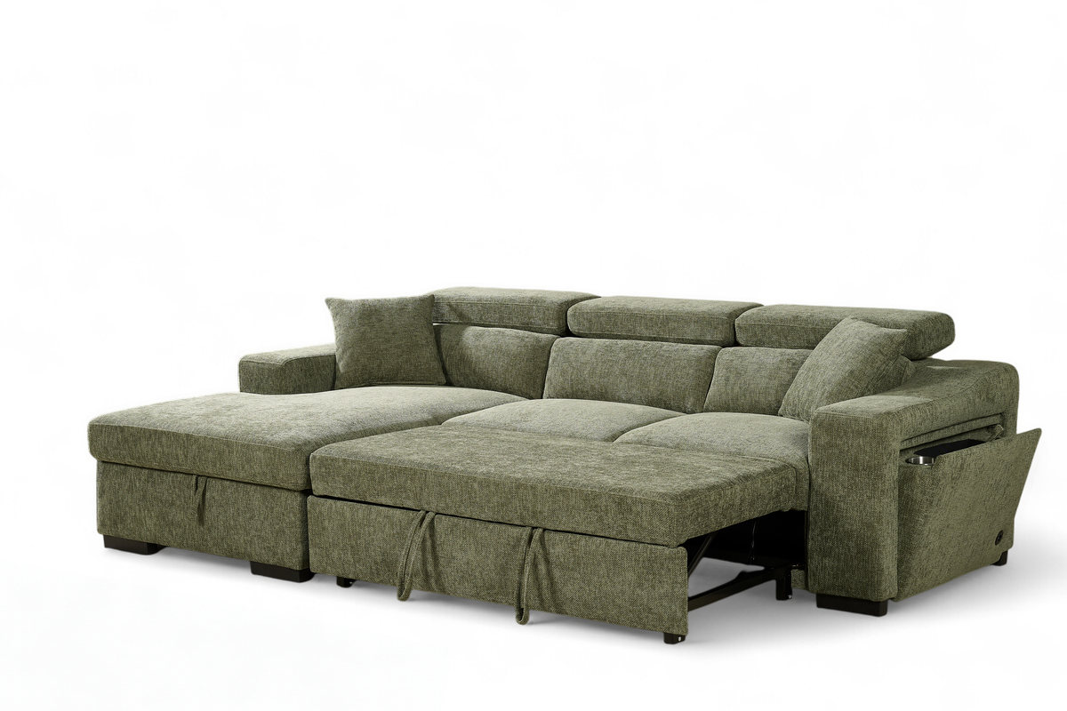 Green Chenille Fabric 1C2 Corner Sofabed with Storage ARTHUR