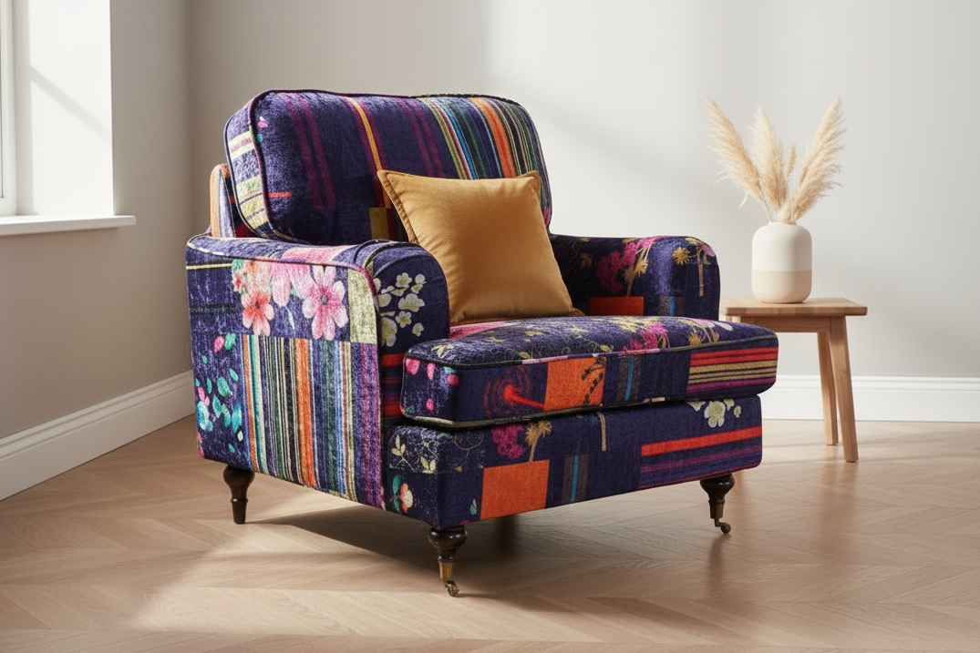 Purple Patchwork Fabric 1 Seater Bella Sofa ASTBURY