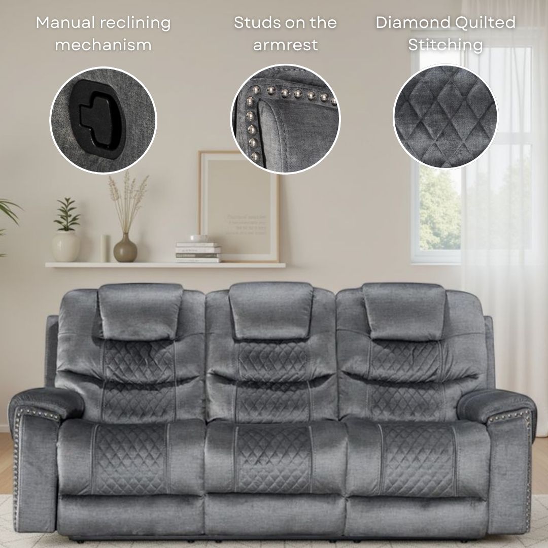 Chenille Fabric Grey 2 Seater Manual Recliner Sofa RAVENNA