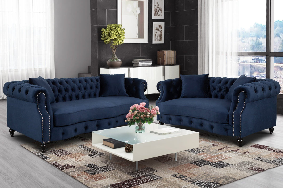 Velvet Navy Blue 3 + 2 Seater Chesterfield Sofa Set RICHMOND