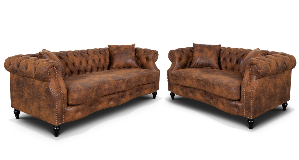 Faux Leather Suede Brown 3 + 2 Seater Chesterfield Sofa Set RICHMOND