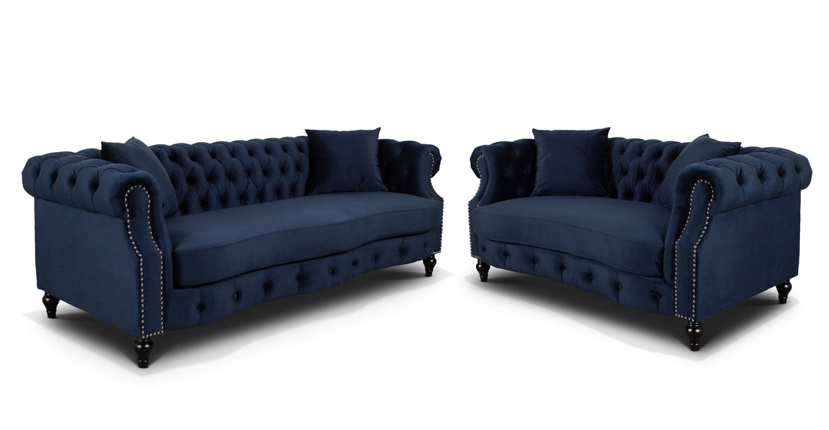 Velvet Navy Blue 3 + 2 Seater Chesterfield Sofa Set RICHMOND