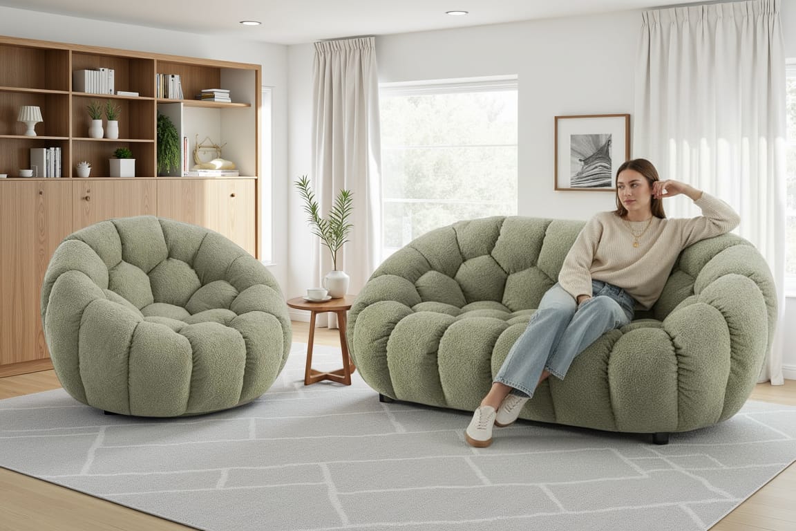 Teddy Boucle Fabric Sage Green 2 + 1 Seater Sofa Set ATRANI