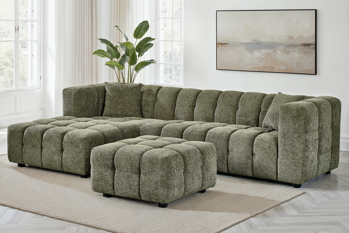 Sage Green Chenille Fabric Left Hand Facing Corner Sofa with Ottoman LUGANO