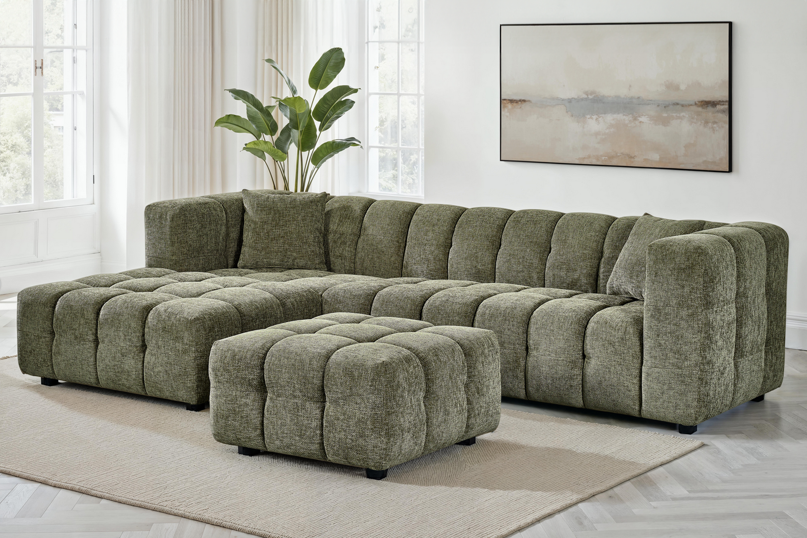 Sage Green Chenille Fabric Left Hand Facing Corner Sofa with Ottoman LUGANO