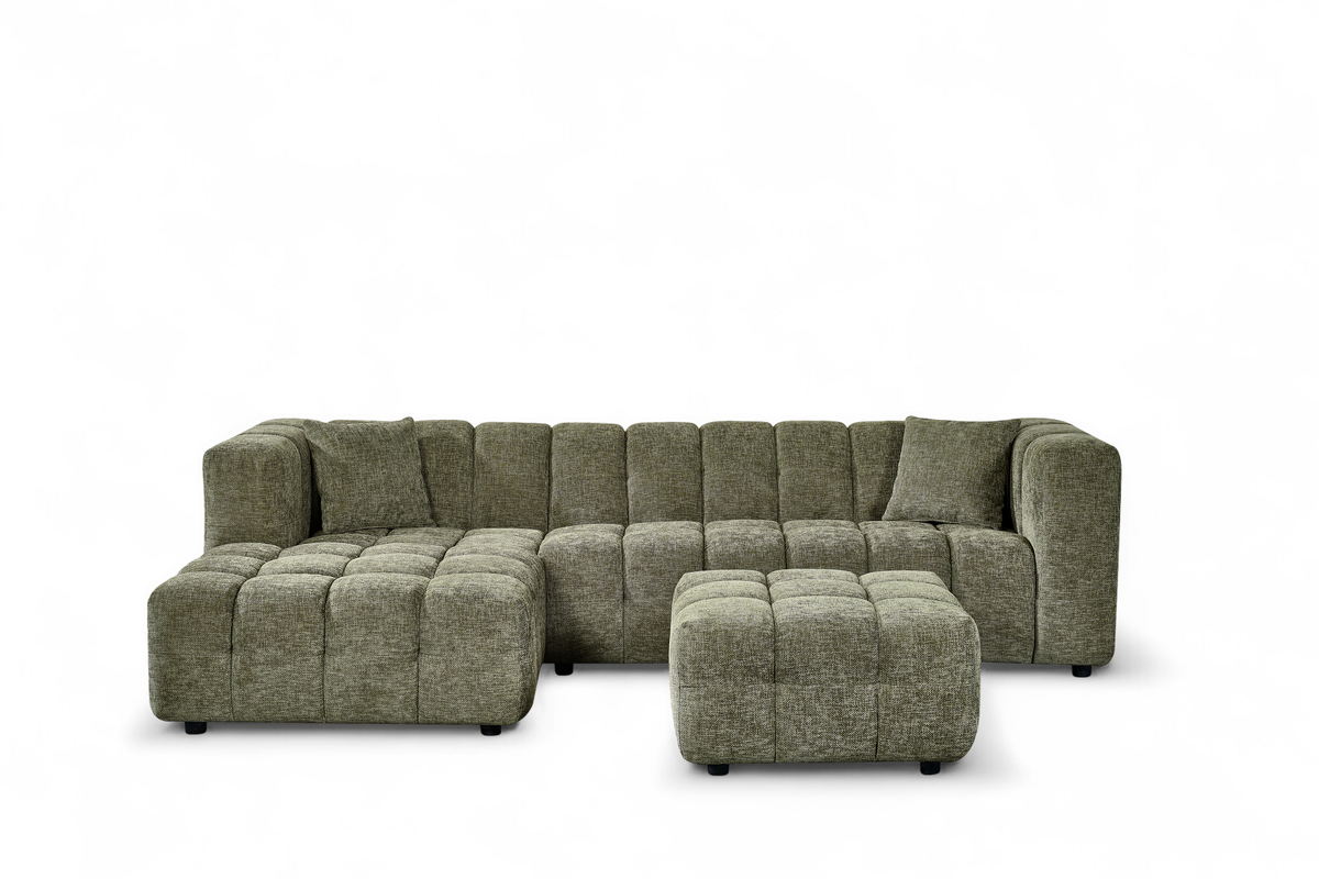 Sage Green Chenille Fabric Left Hand Facing Corner Sofa with Ottoman LUGANO
