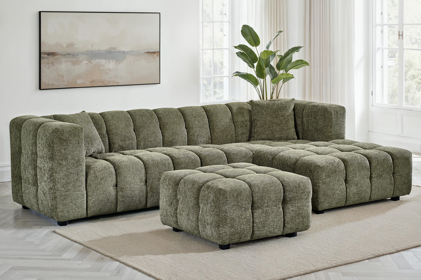 Sage Green Chenille Fabric Right Hand Facing Corner Sofa with Ottoman LUGANO