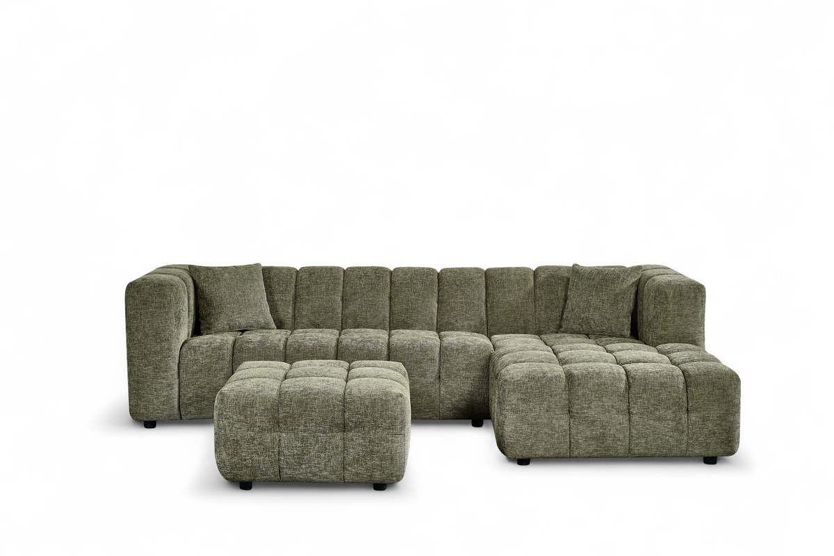 Sage Green Chenille Fabric Right Hand Facing Corner Sofa with Ottoman LUGANO