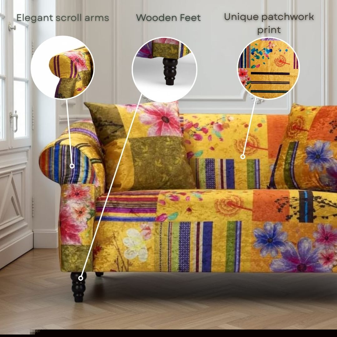 Fabric Gold Patchwork 3 Seater Sofa AVICI SHOUT