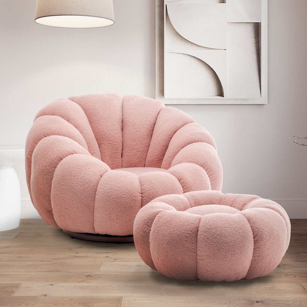 Teddy Boucle Fabric Pink Mirielle 1 Seater Swivel Sofa with Footstool