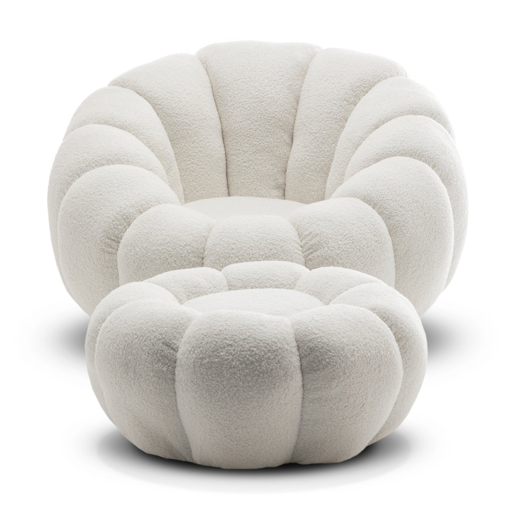 Teddy Boucle Fabric White Mirielle 1 Seater Swivel Sofa with Footstool