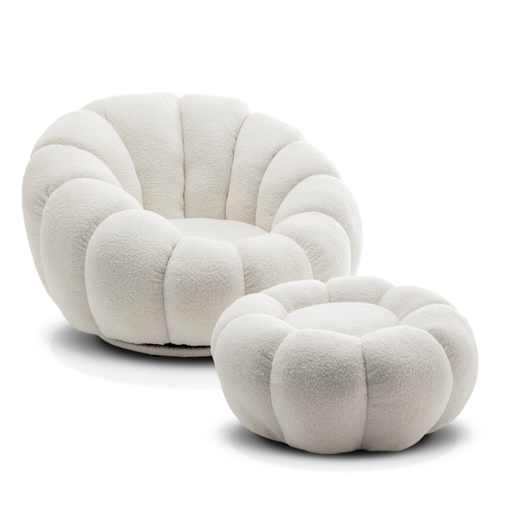 Teddy Boucle Fabric White Mirielle 1 Seater Swivel Sofa with Footstool