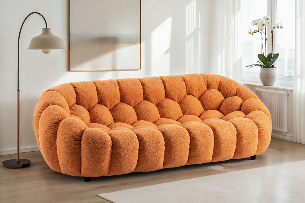 Teddy Boucle Fabric Orange Atrani 3 Seater Sofa