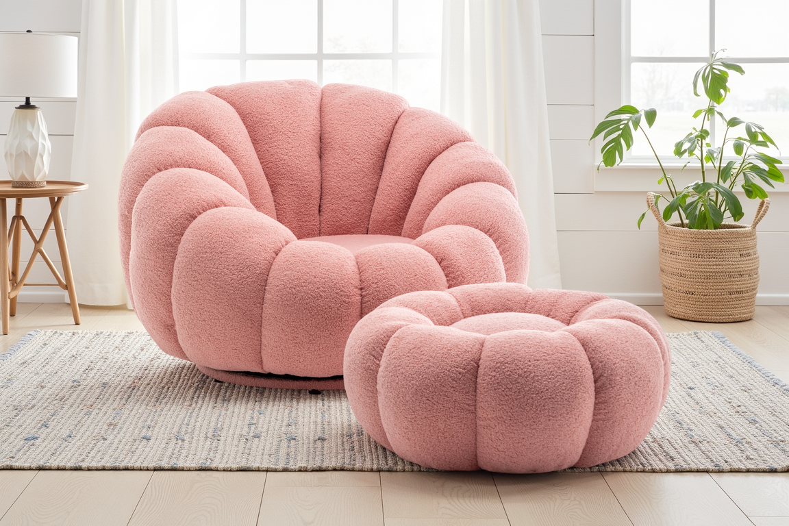 Sofa Chair Pink Ottoman Chair Teddy Boucle Fabric Pink Seater