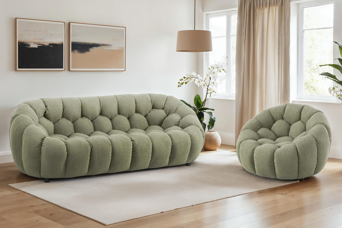Teddy Boucle Fabric Sage Green Atrani 3 + 1 Seater Sofa Set