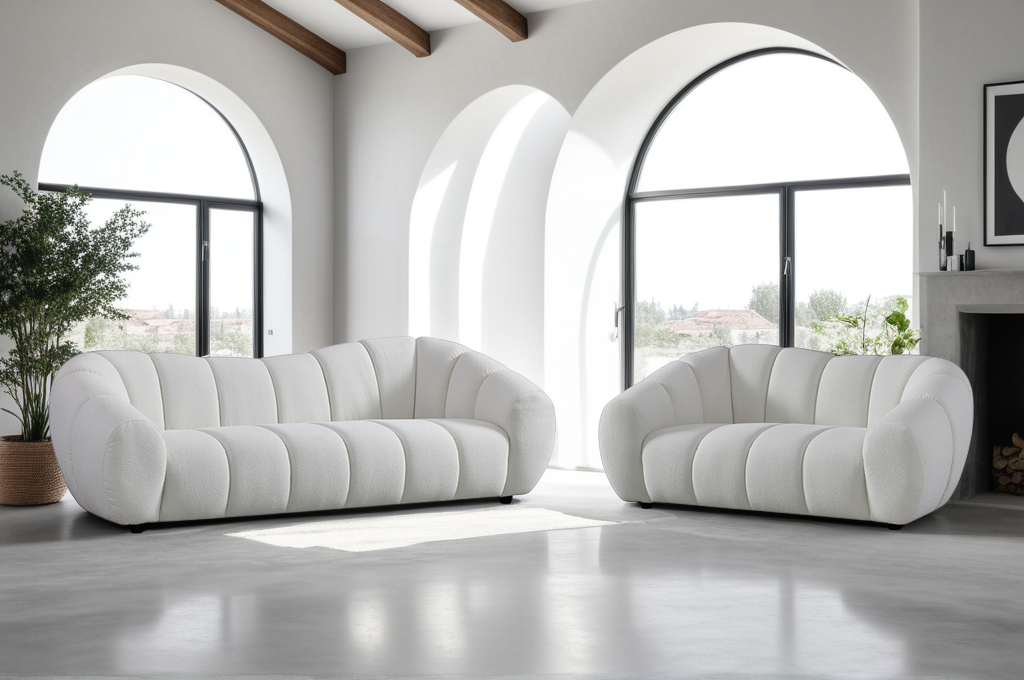 Teddy Boucle Fabric White 3 + 2 Seater Sofa Set TERASSA