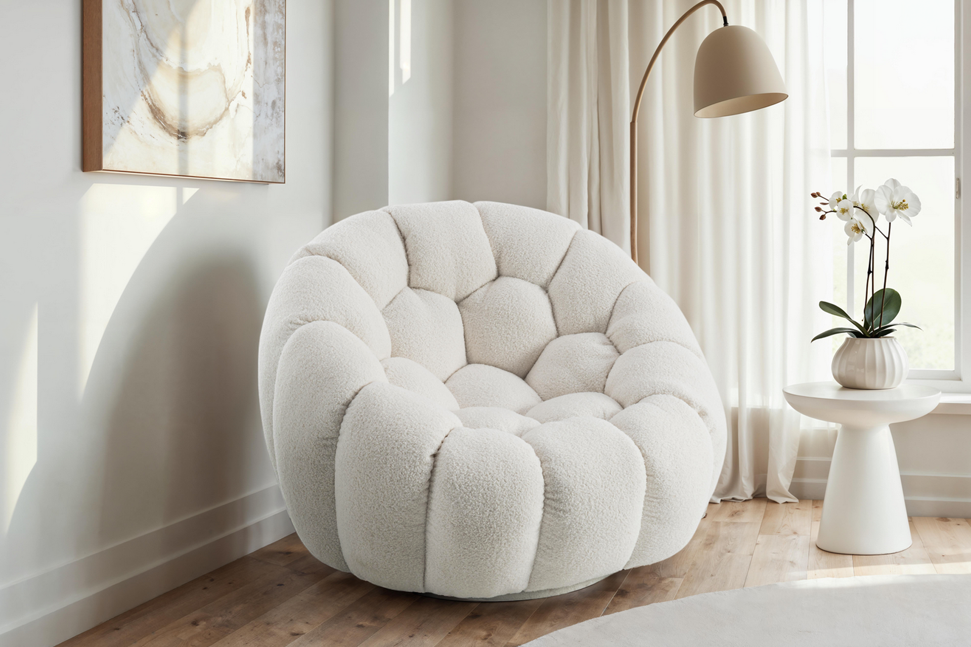 Teddy Boucle Fabric White 1 Seater Swivel Sofa ATRANI