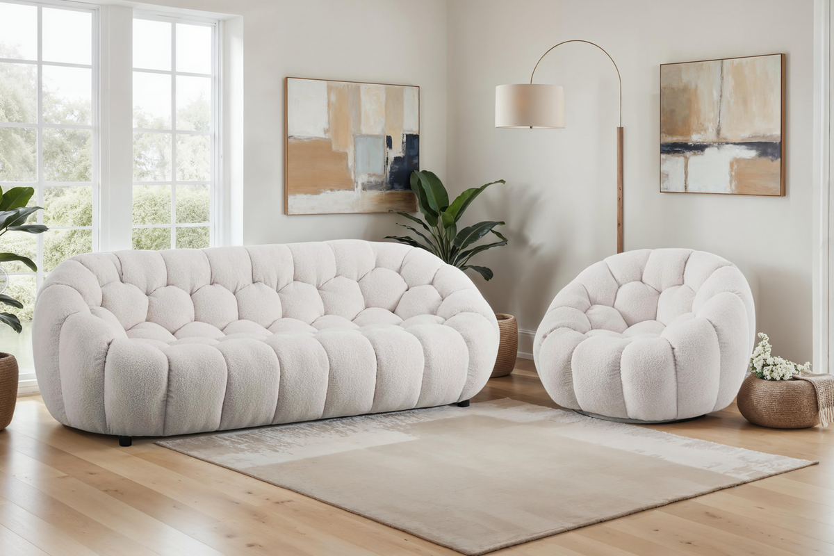 Teddy Boucle Fabric White Atrani 3 + 1 Seater Sofa Set