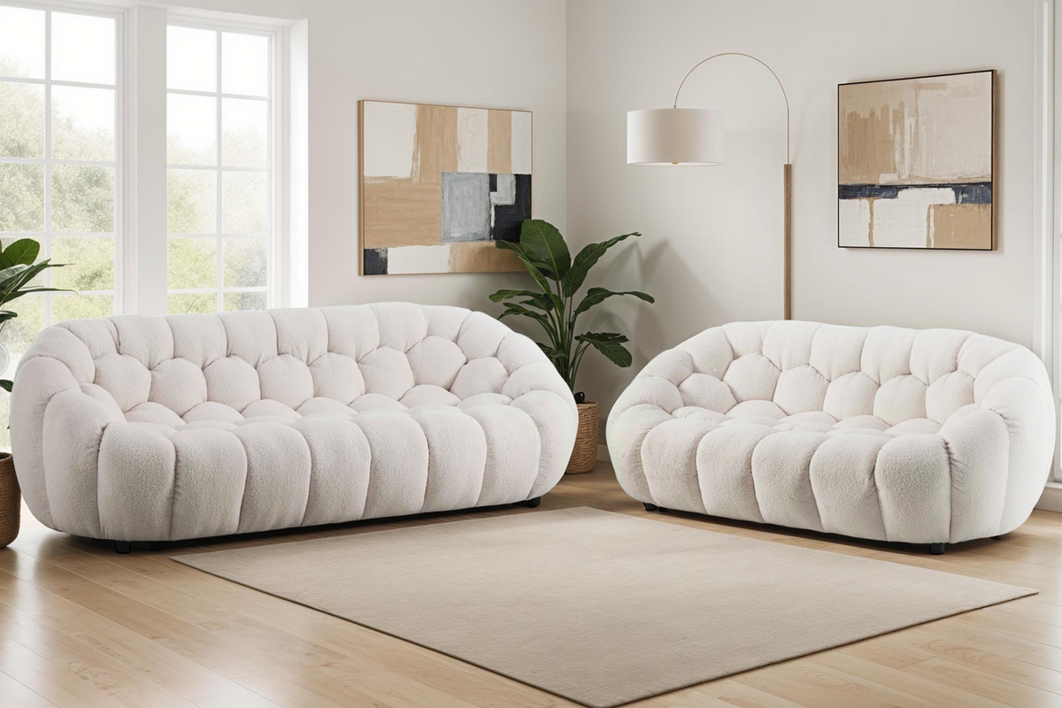 Teddy Boucle Fabric White Atrani 3 + 2 Seater Sofa Set