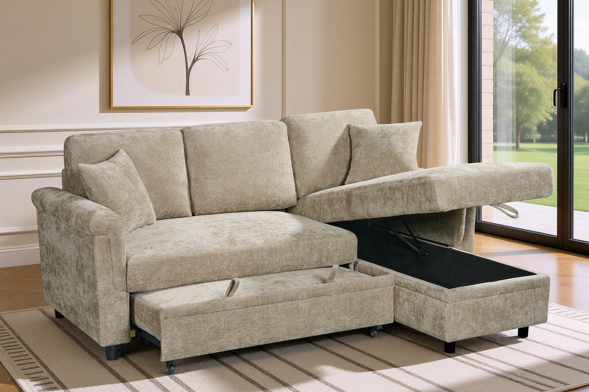 Woven Chenille Beige 2C1 Corner Sofabed with Chaise OSCAR