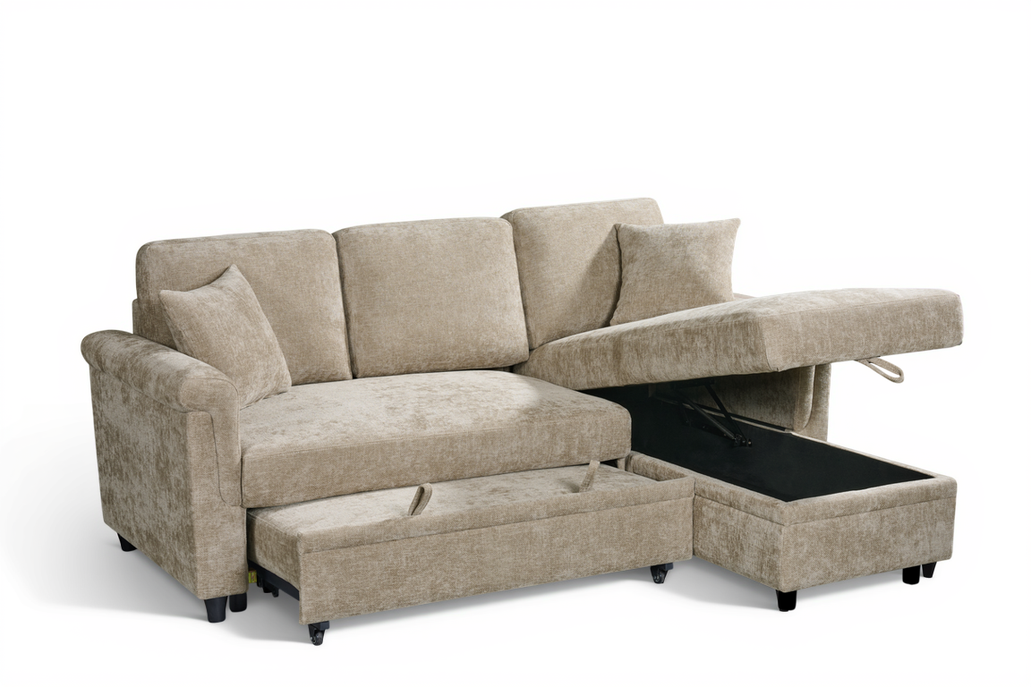 Woven Chenille Beige 2C1 Corner Sofabed with Chaise OSCAR