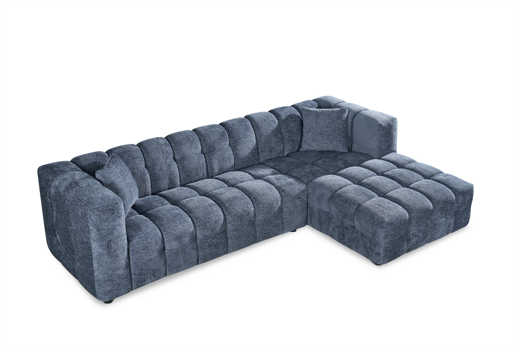 Textured Chenille Blue Right Hand Facing Lugano Corner Sofa with Ottoman