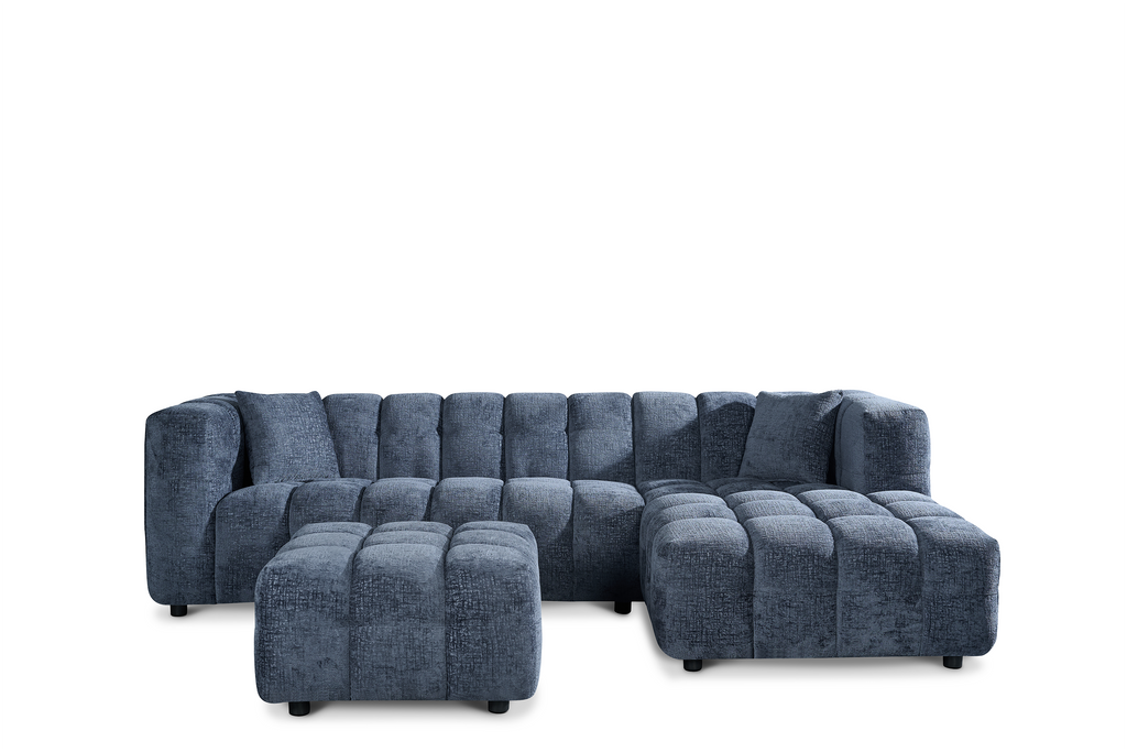 Textured Chenille Blue Right Hand Facing Lugano Corner Sofa with Ottoman