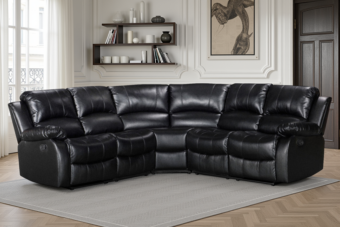 Faux Leather Black 2C2 Manual Recliner Corner Sofa VALENCIA