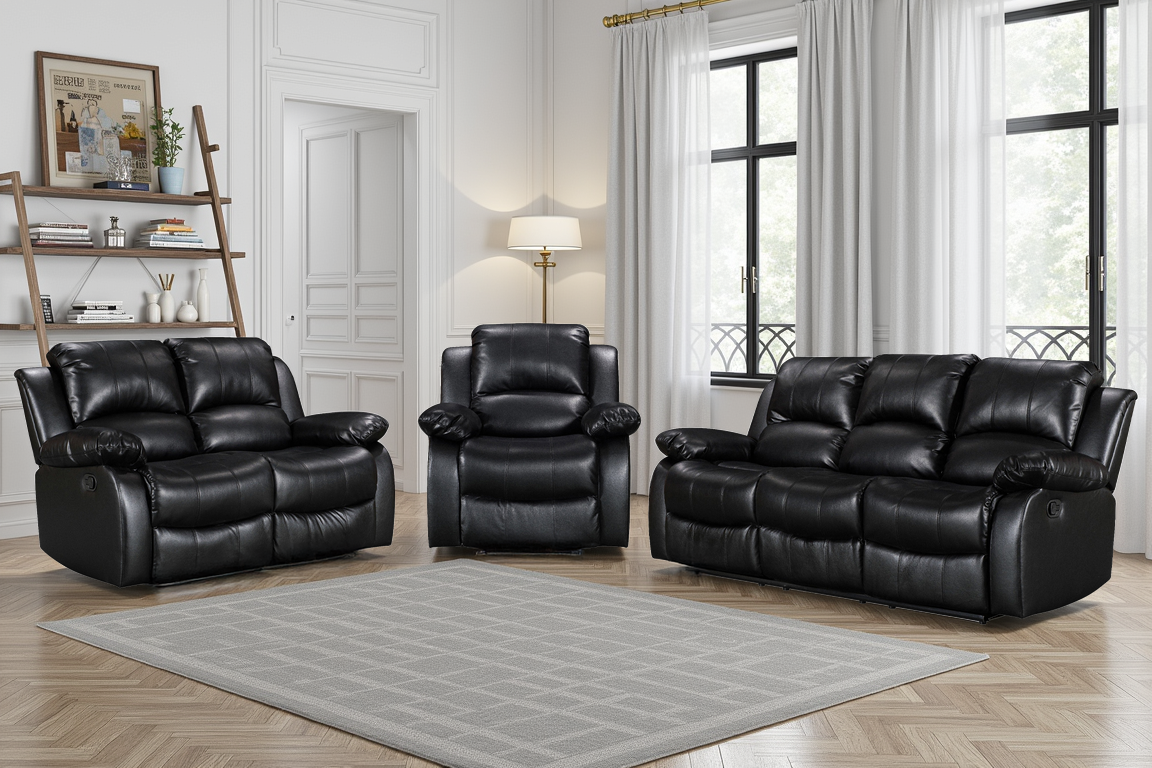 Faux Leather Black 3 + 2 + 1 Seater Manual Recliner Sofa Set VALENCIA
