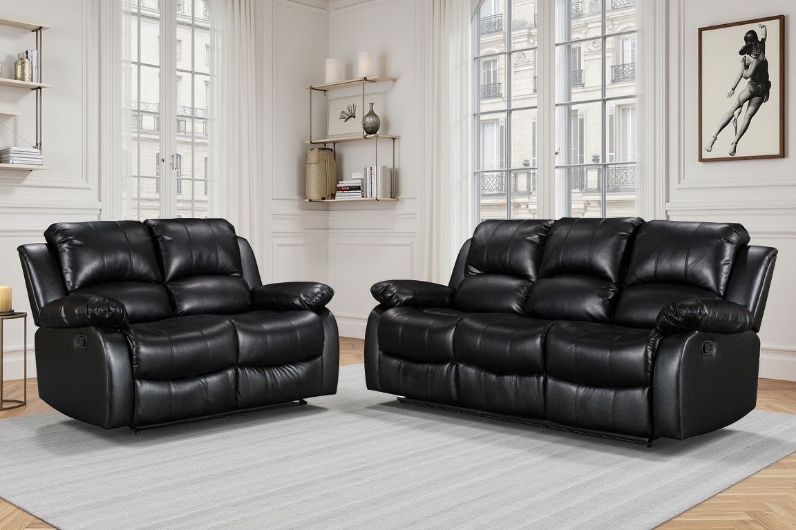 Faux Leather Black 3 + 2 Seater Manual Recliner Sofa Set VALENCIA