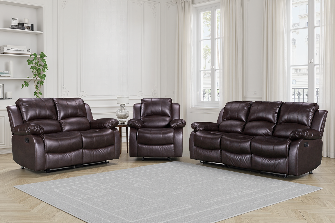 Faux Leather Brown 3 + 2 + 1 Seater Manual Recliner Sofa Set VALENCIA