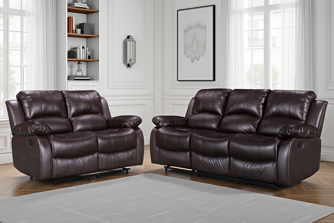 Faux Leather Brown 3 + 2 Seater Manual Recliner Sofa Set VALENCIA