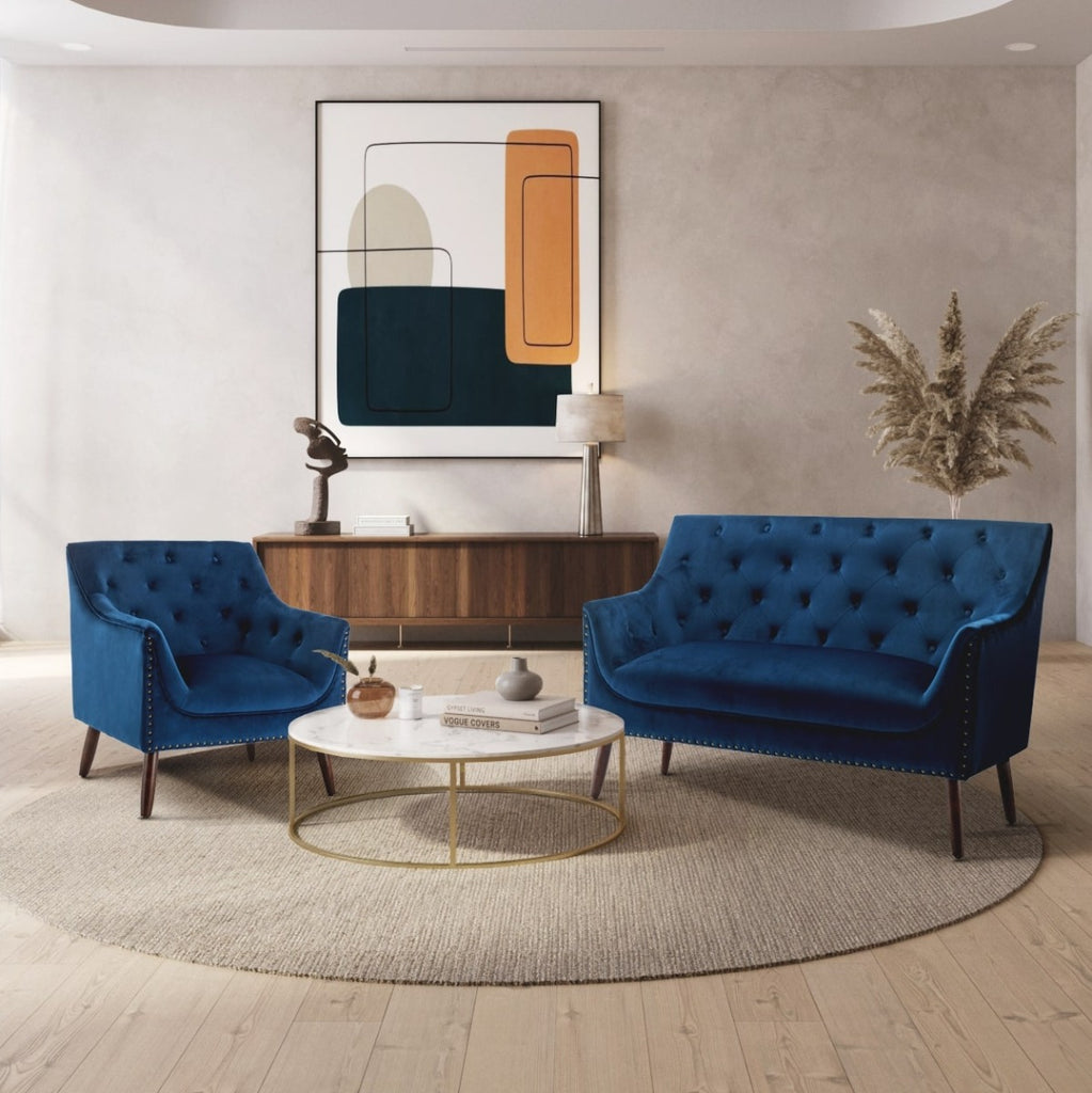 Velvet Blue Franca 2 + 1 Seat Sofa Set