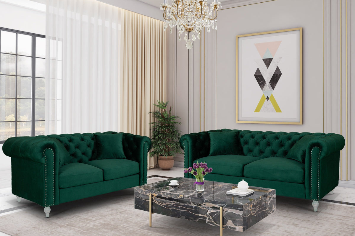 Velvet Bottle Green 3 + 2 Seater Chesterfield Sofa Set With Acrylic Feet CAMDEN