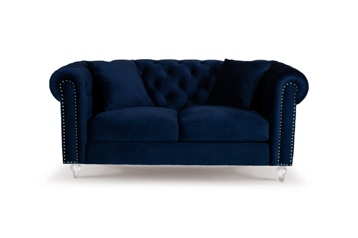 Velvet Navy Blue 2 Seater Chesterfield Sofa With Acrylic Feet CAMDEN