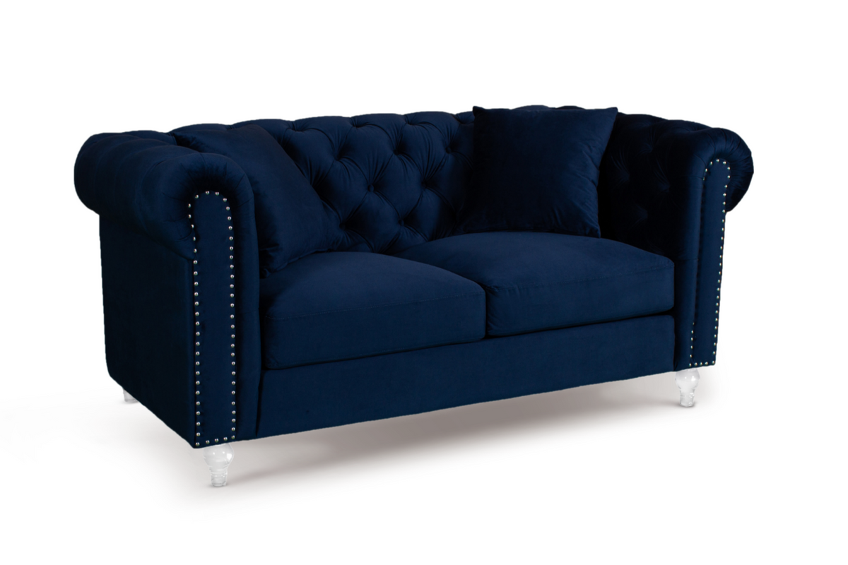 Velvet Navy Blue 2 Seater Chesterfield Sofa With Acrylic Feet CAMDEN