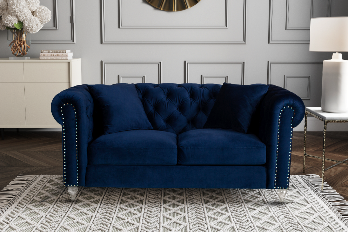 Velvet Navy Blue 2 Seater Chesterfield Sofa With Acrylic Feet CAMDEN
