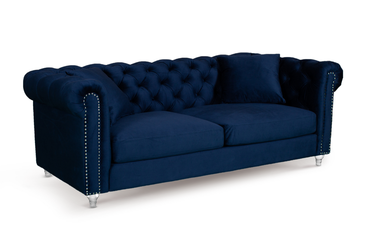 Velvet Navy Blue 3 Seater Chesterfield Sofa With Acrylic Feet CAMDEN