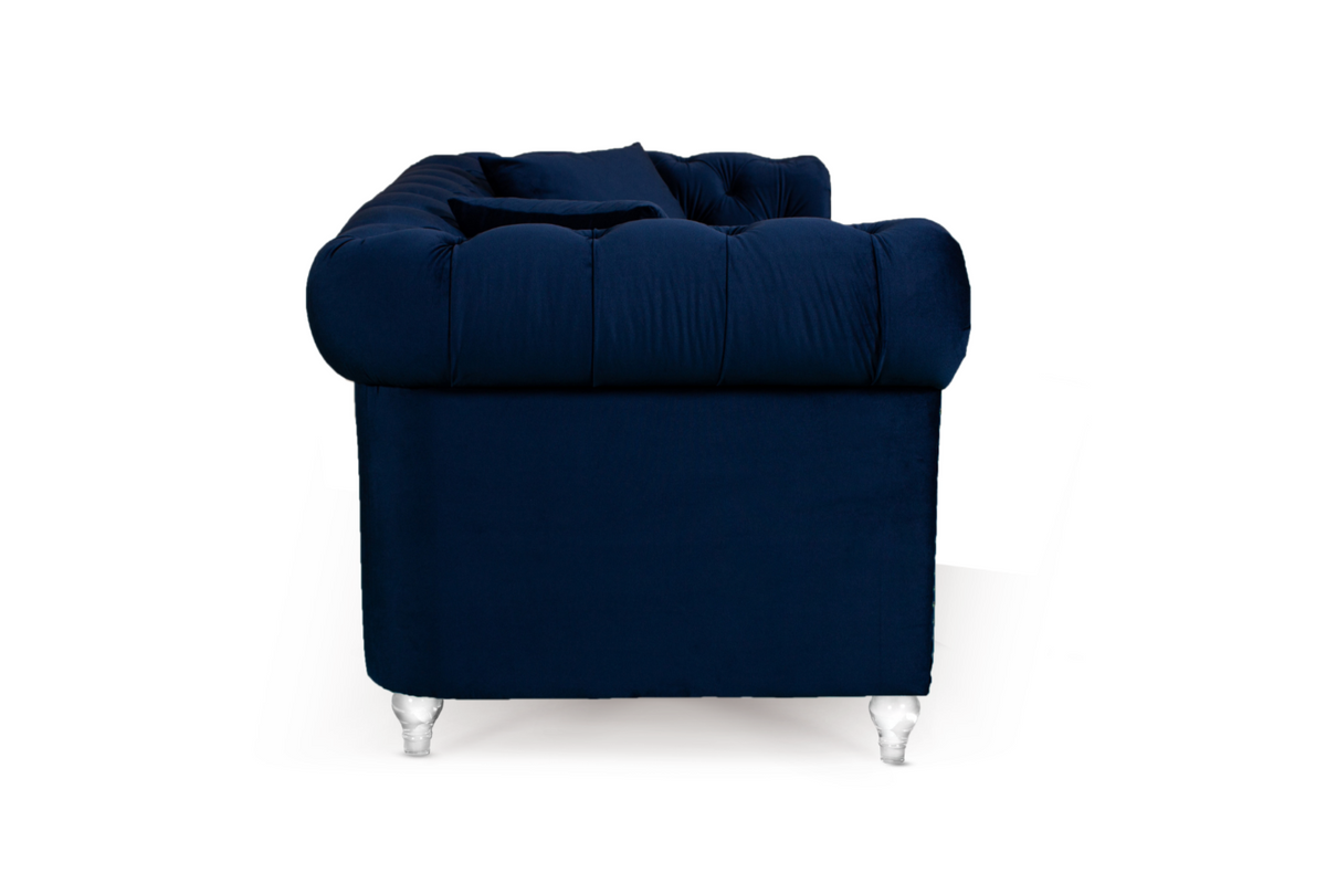 Velvet Navy Blue 3 Seater Chesterfield Sofa With Acrylic Feet CAMDEN
