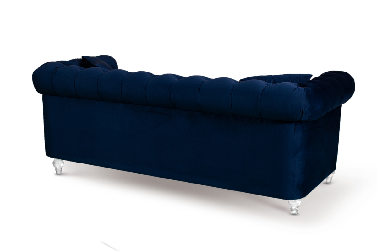 Velvet Navy Blue 3 Seater Chesterfield Sofa With Acrylic Feet CAMDEN