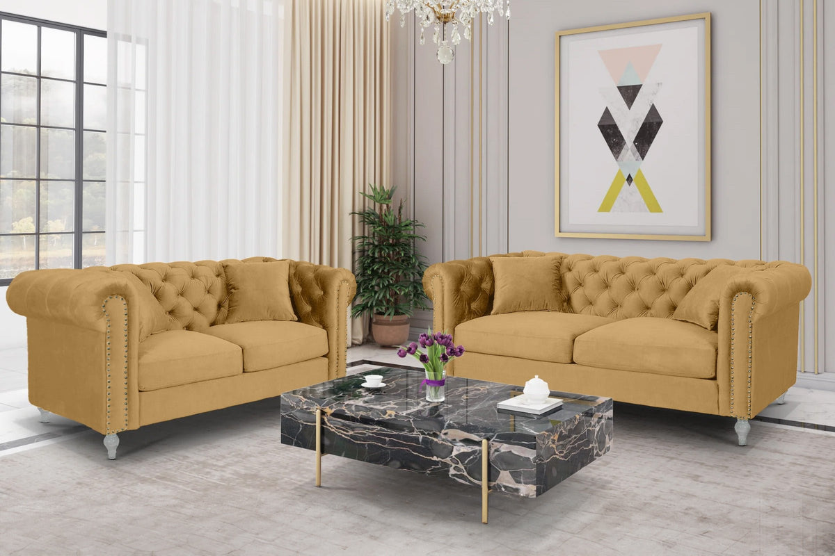 Velvet Gold 3 + 2 Seater Chesterfield Sofa Set With Acrylic Feet CAMDEN