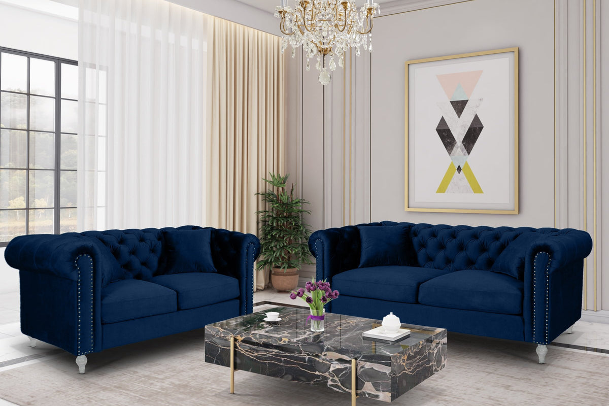 Velvet Navy Blue 3 + 2 Seater Chesterfield Sofa Set With Acrylic Feet CAMDEN