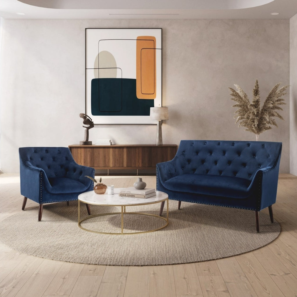 Velvet Navy Blue Franca 2 + 1 Seat Sofa Set