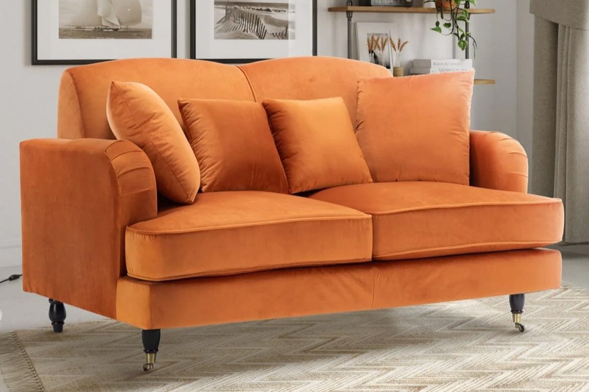 Ashcroft Mid Century Modern Orange Velvet Couch, Living Room Sofa, Durable Wood Frame